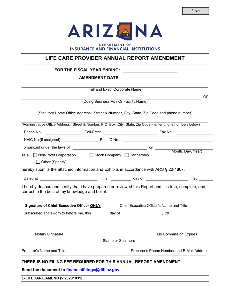Form E-LIFECARE.AMEND Life Care Provider Annual Report Amendment - Arizona, Page 1