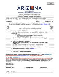 Document preview: Form E-LR.AS Annual Statement Worksheet for Domestic Life and Disability Reinsurer - Arizona