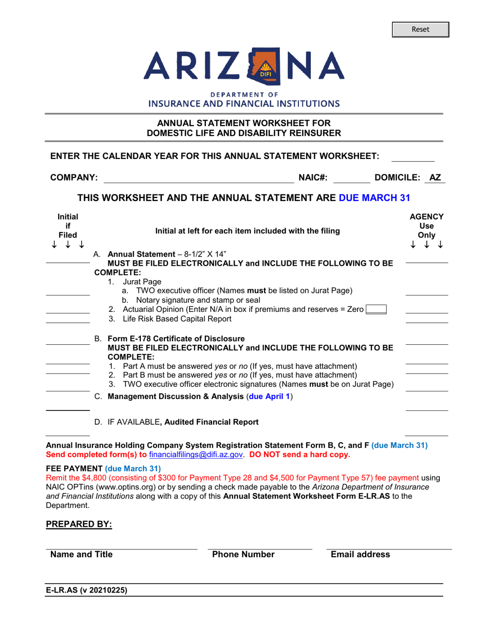 Form E-LR.AS Annual Statement Worksheet for Domestic Life and Disability Reinsurer - Arizona, Page 1