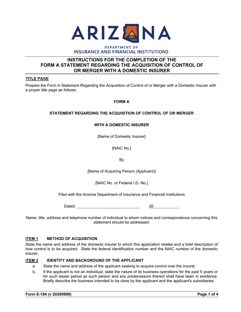 Instructions for Form A Statement Regarding the Acquisition of Control of or Merger With a Domestic Insurer - Arizona, Page 1