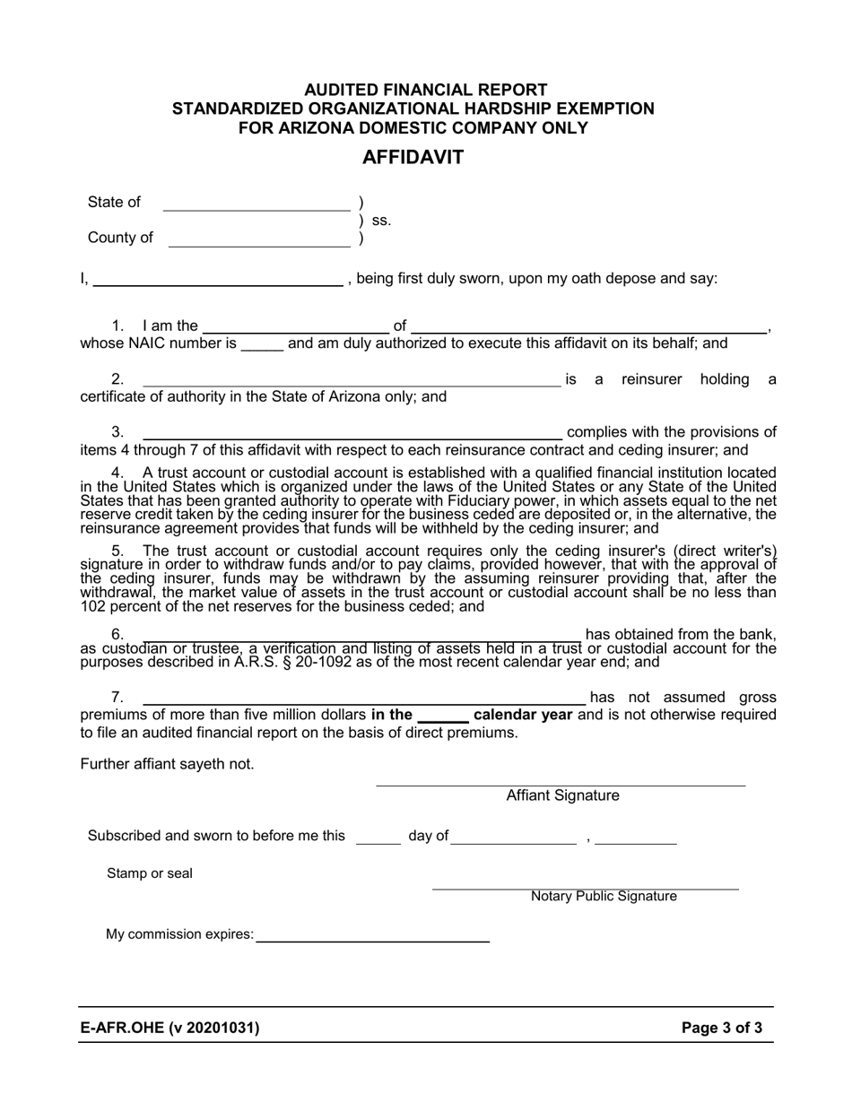 Form E-AFR.OHE Audited Financial Report Standardized Organizational Hardship Exemption for Arizona Domestic Company Only - Affidavit - Arizona, Page 3
