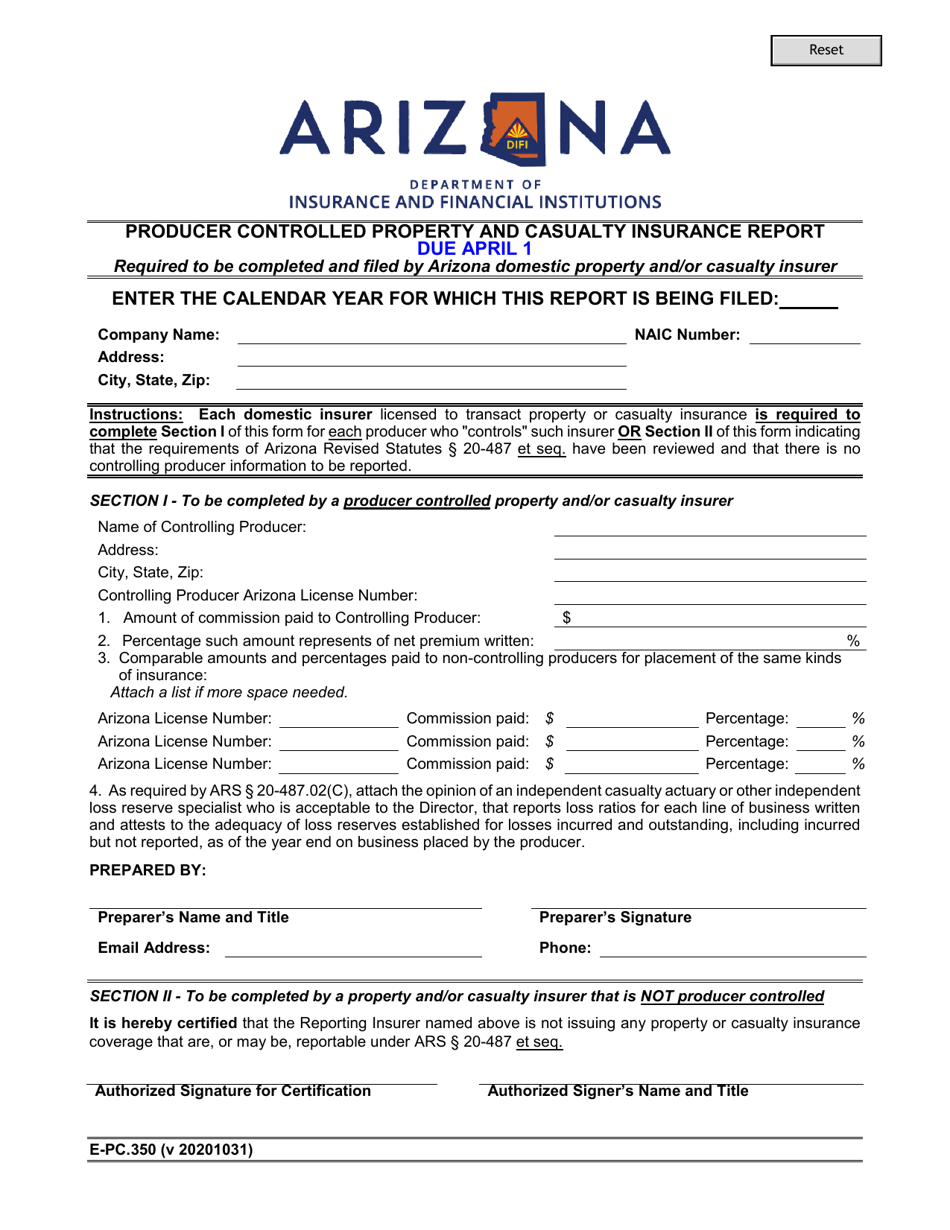 Form E-PC.350 Producer Controlled Property and Casualty Insurance Report - Arizona, Page 1