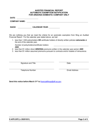 Form E-AFR.GFE Audited Financial Report Automatic Exemption Notification for Arizona Domestic Company Only - Arizona, Page 2