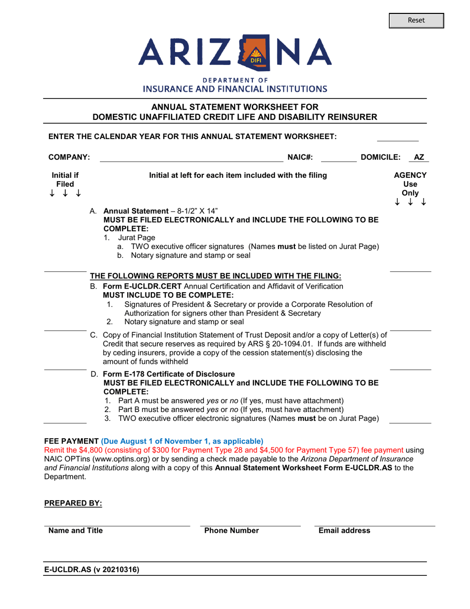 Form E-UCLDR.AS Annual Statement Worksheet for Domestic Unaffiliated Credit Life and Disability Reinsurer - Arizona, Page 1