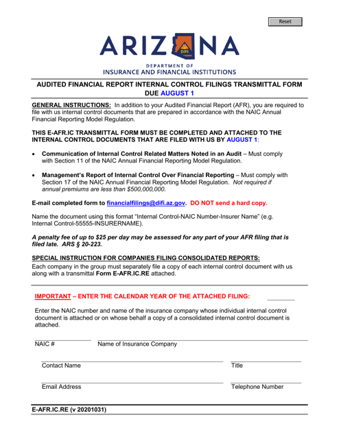 Form E-AFR.IC.RE Audited Financial Report Internal Control Filings Transmittal Form - Arizona