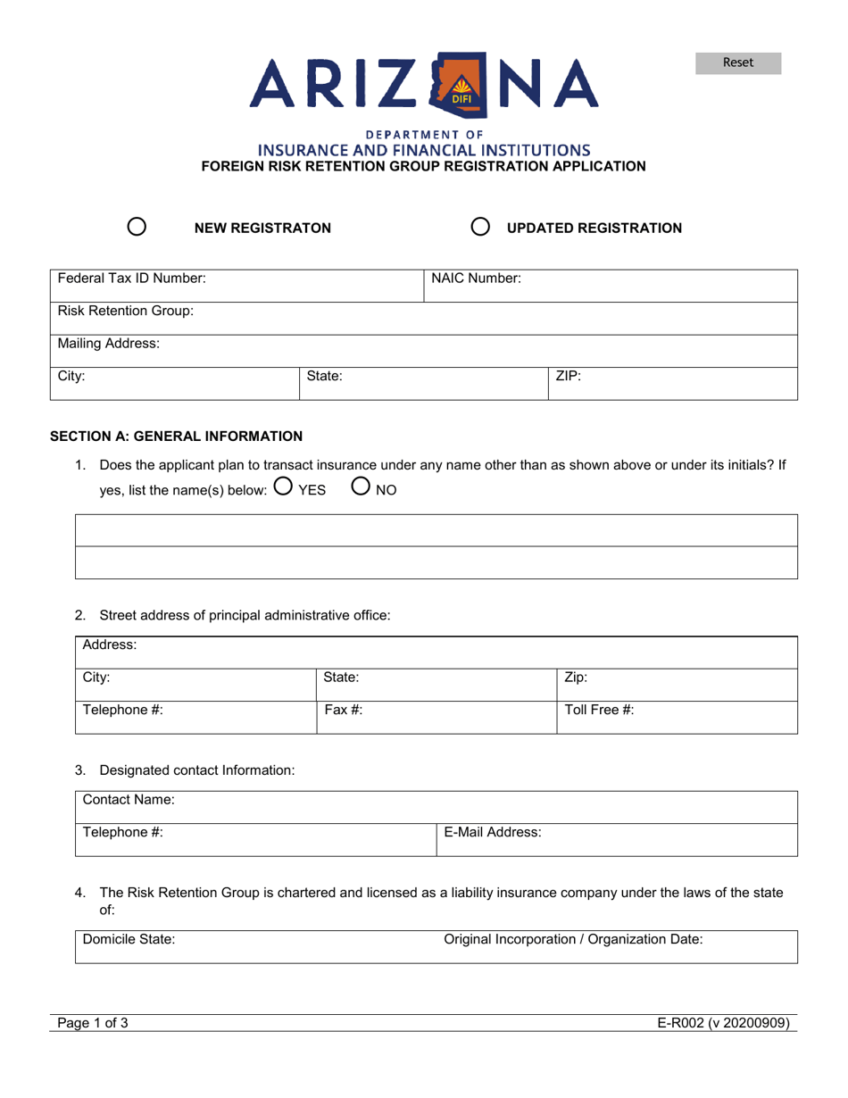 Form E-R002 Foreign Risk Retention Group Registration Application - Arizona, Page 1