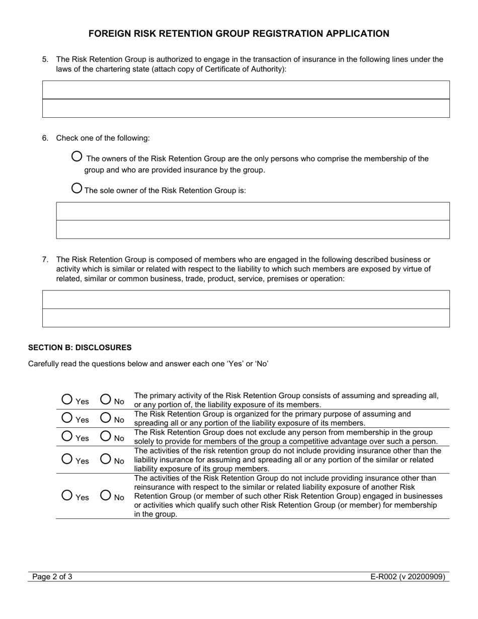 Form E-R002 Foreign Risk Retention Group Registration Application - Arizona, Page 2