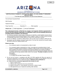 Form E-UCLDRCERT Certification of Domestic Unaffiliated Credit Life and Disability Reinsurer - Arizona