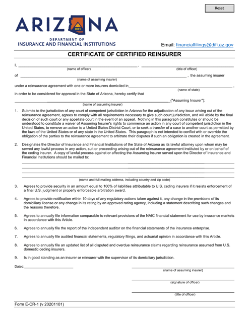 Form E-CR-1 Certificate of Certified Reinsurer - Arizona