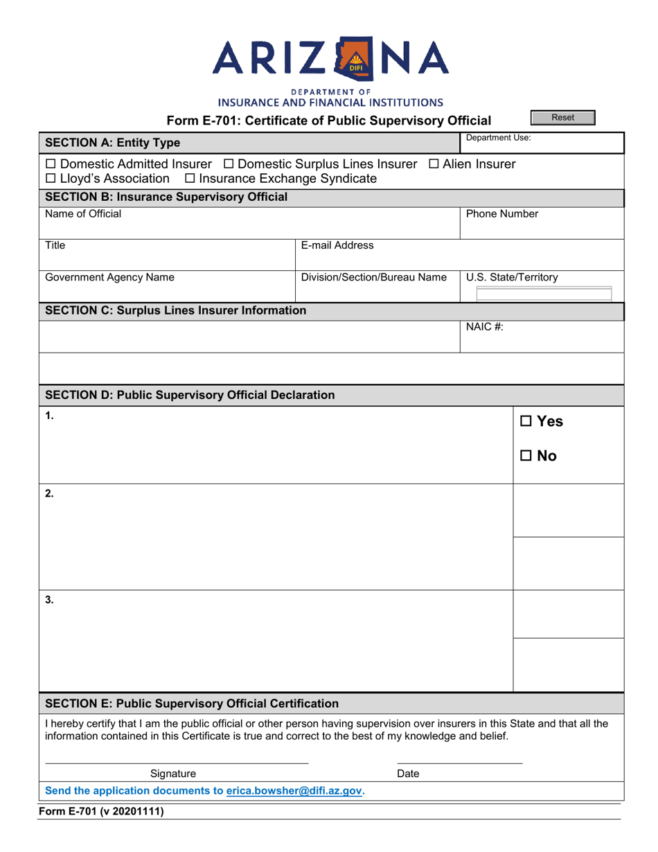 Form E-701 Certificate of Public Supervisory Official - Arizona, Page 1