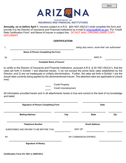Form CU1621 Credit Property/Credit Unemployment Certification of Rates - Arizona