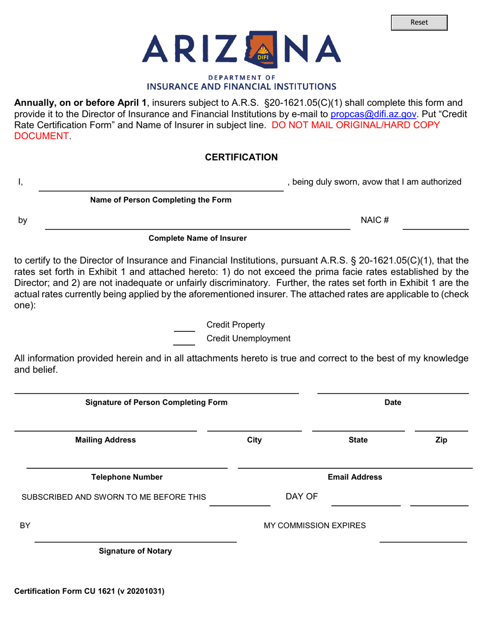 Form CU1621 Credit Property / Credit Unemployment Certification of Rates - Arizona, Page 1