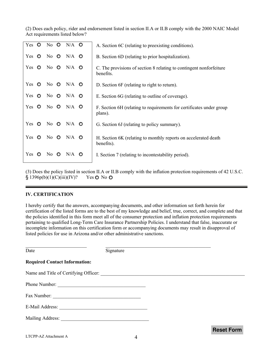 Form LTCPP-AZ Attachment A Insurer Certification Form - Long-Term Care Insurance Partnership Program - Arizona, Page 4