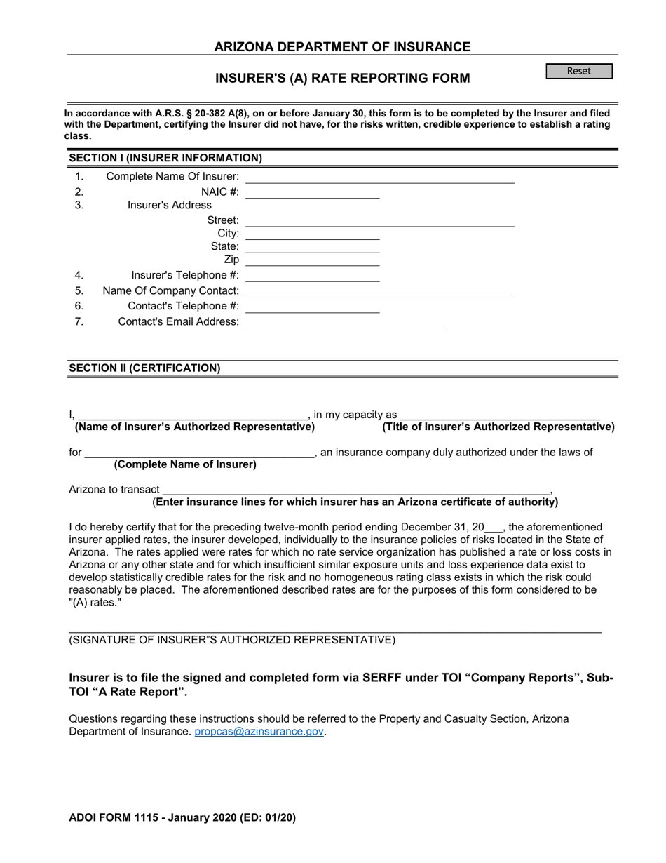 ADOI Form 1115 Insurers (A) Rate Reporting Form - Arizona, Page 1
