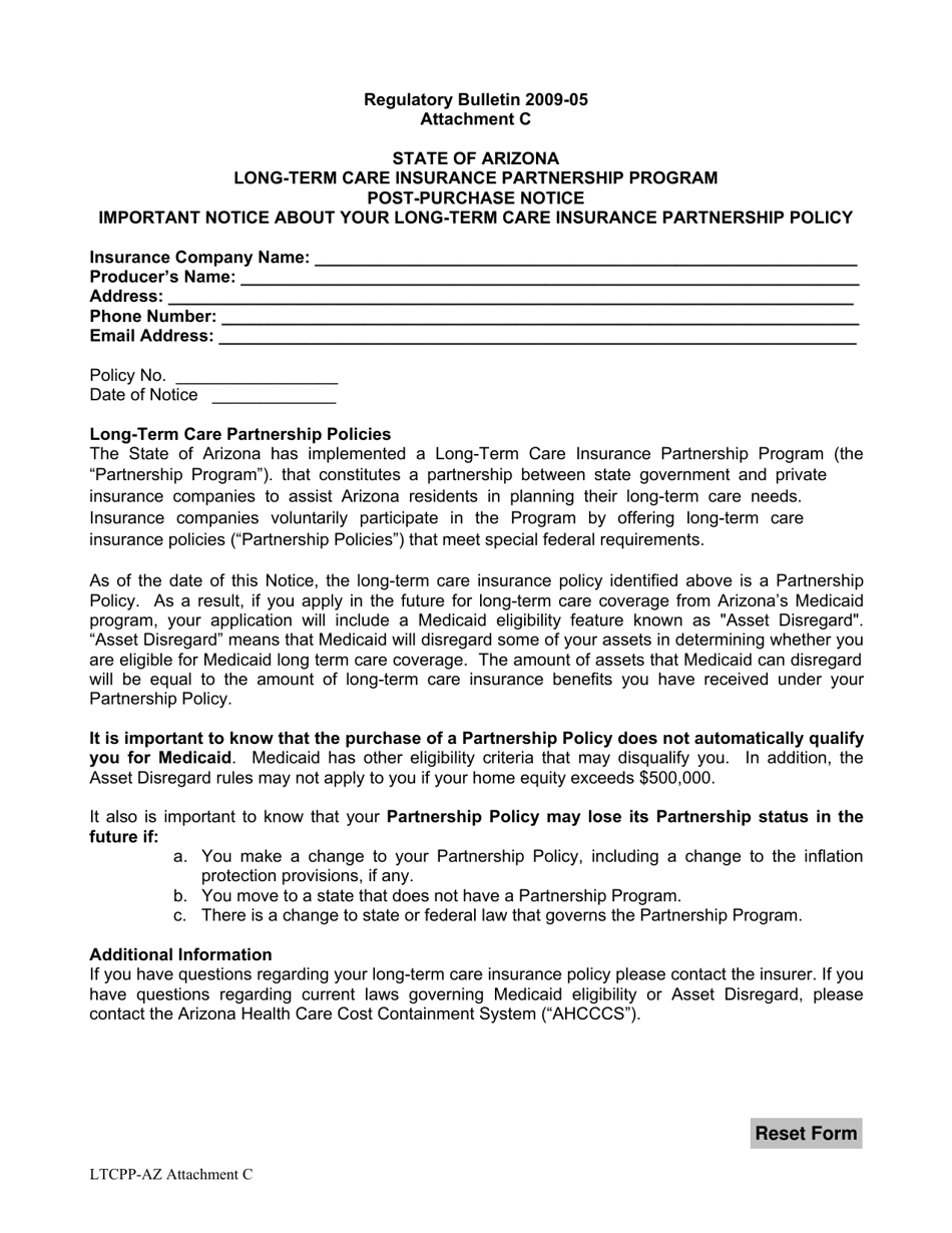Form LTCPP-AZ Attachment C Post-purchase Notice - Long-Term Care Insurance Partnership Program - Arizona, Page 1