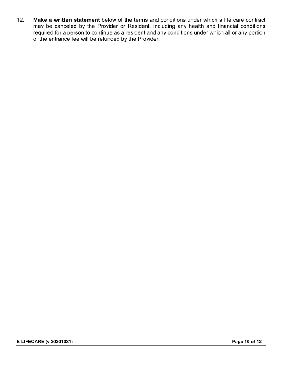 Form E-LIFECARE Life Care Provider Annual Report - Arizona, Page 10