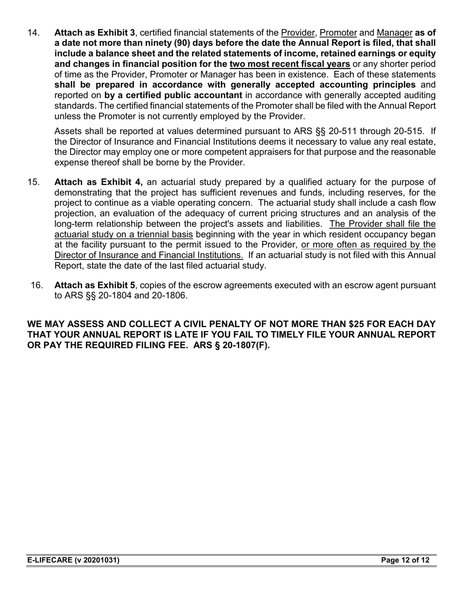 Form E-LIFECARE Life Care Provider Annual Report - Arizona, Page 12