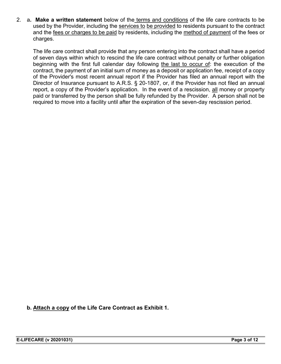 Form E-LIFECARE Life Care Provider Annual Report - Arizona, Page 3