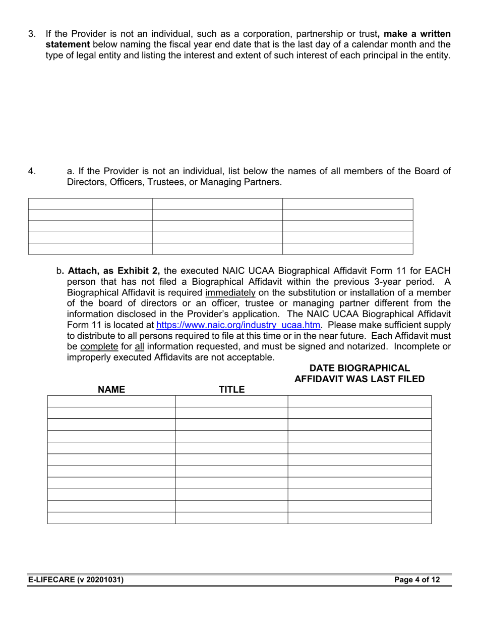 Form E-LIFECARE Life Care Provider Annual Report - Arizona, Page 4