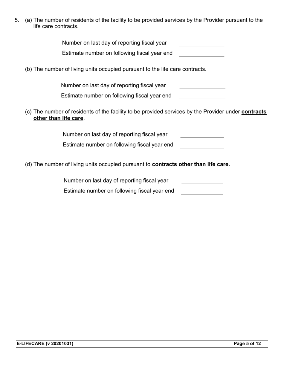 Form E-LIFECARE Life Care Provider Annual Report - Arizona, Page 5