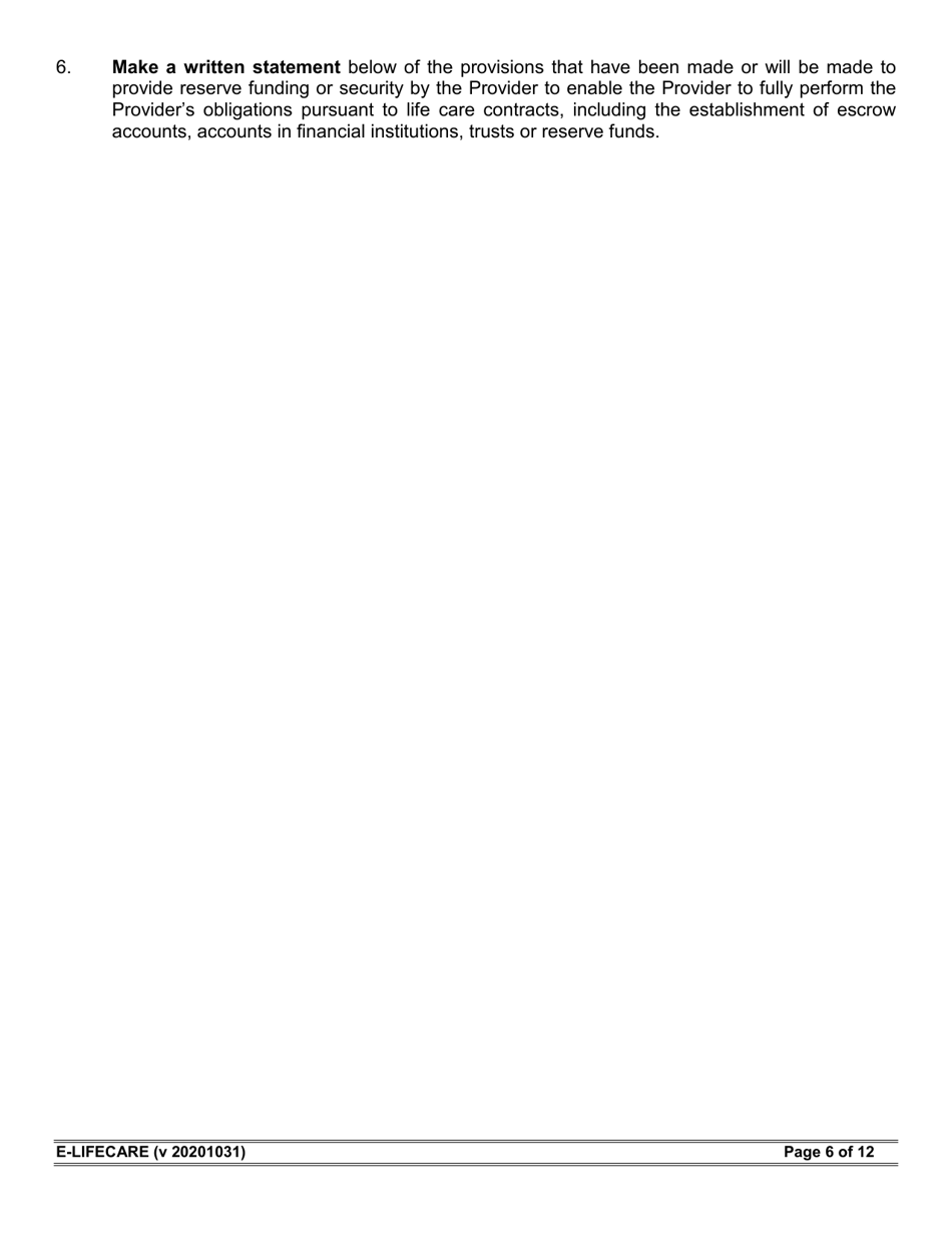 Form E-LIFECARE Life Care Provider Annual Report - Arizona, Page 6