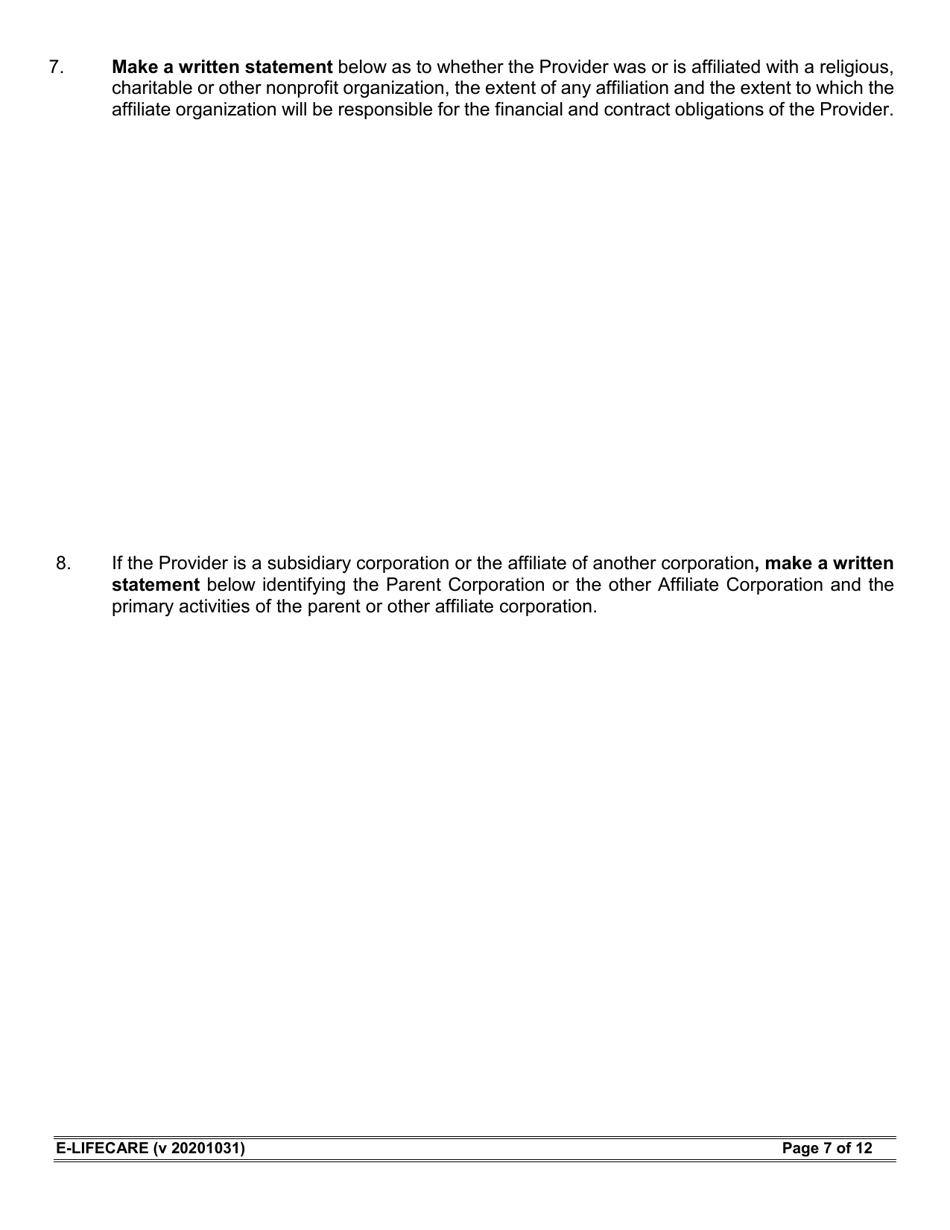 Form E-LIFECARE Life Care Provider Annual Report - Arizona, Page 7