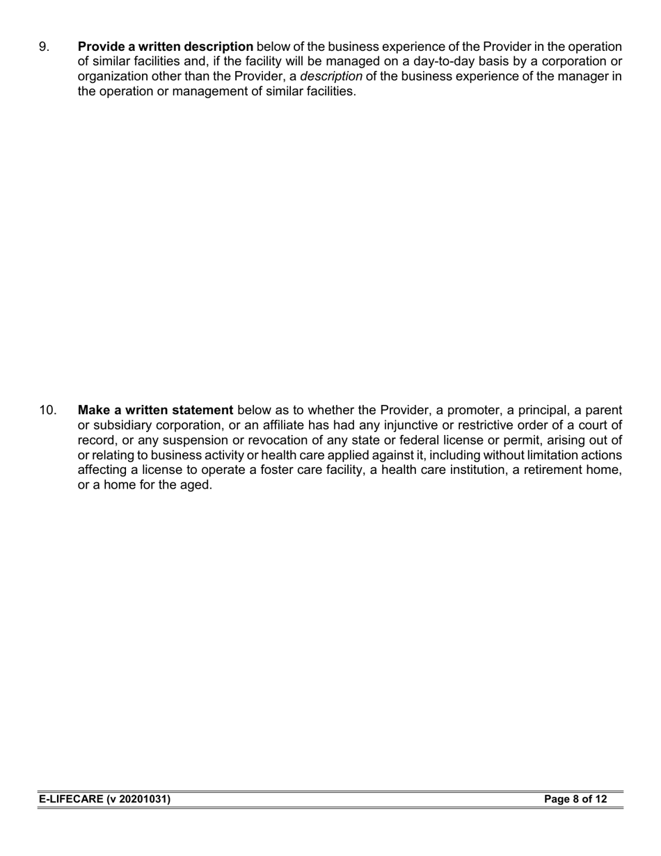 Form E-LIFECARE Life Care Provider Annual Report - Arizona, Page 8