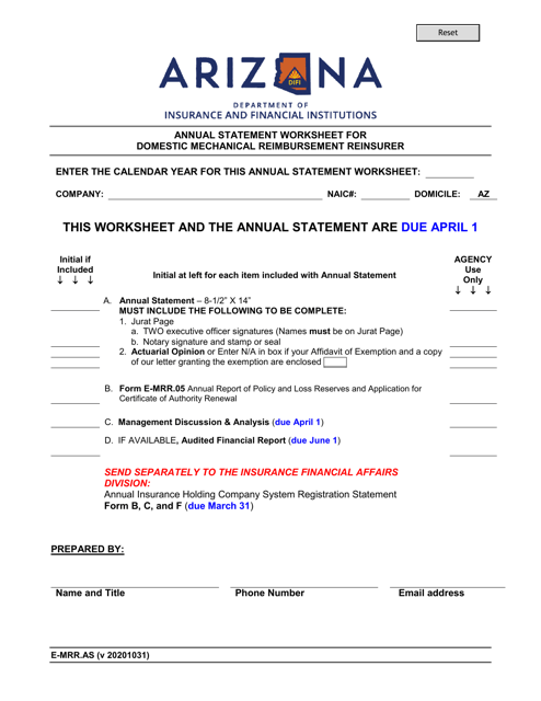Form E-MRR.AS Annual Statement Worksheet for Domestic Mechanical Reimbursement Reinsurer - Arizona