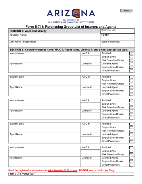 Form E-711 Purchasing Group List of Insurers and Agents - Arizona