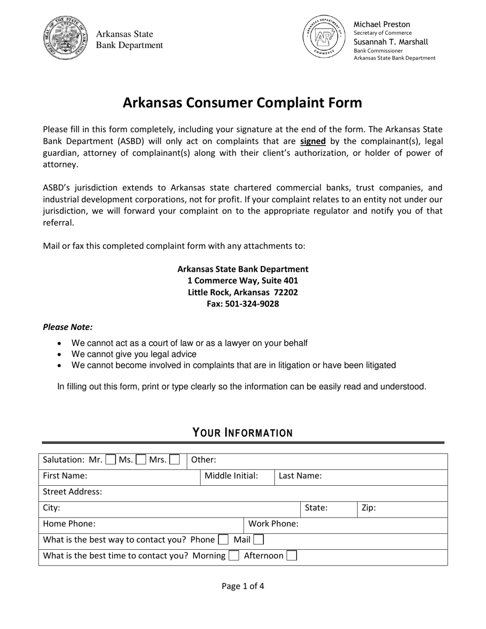 Arkansas Consumer Complaint Form - Arkansas, Page 1