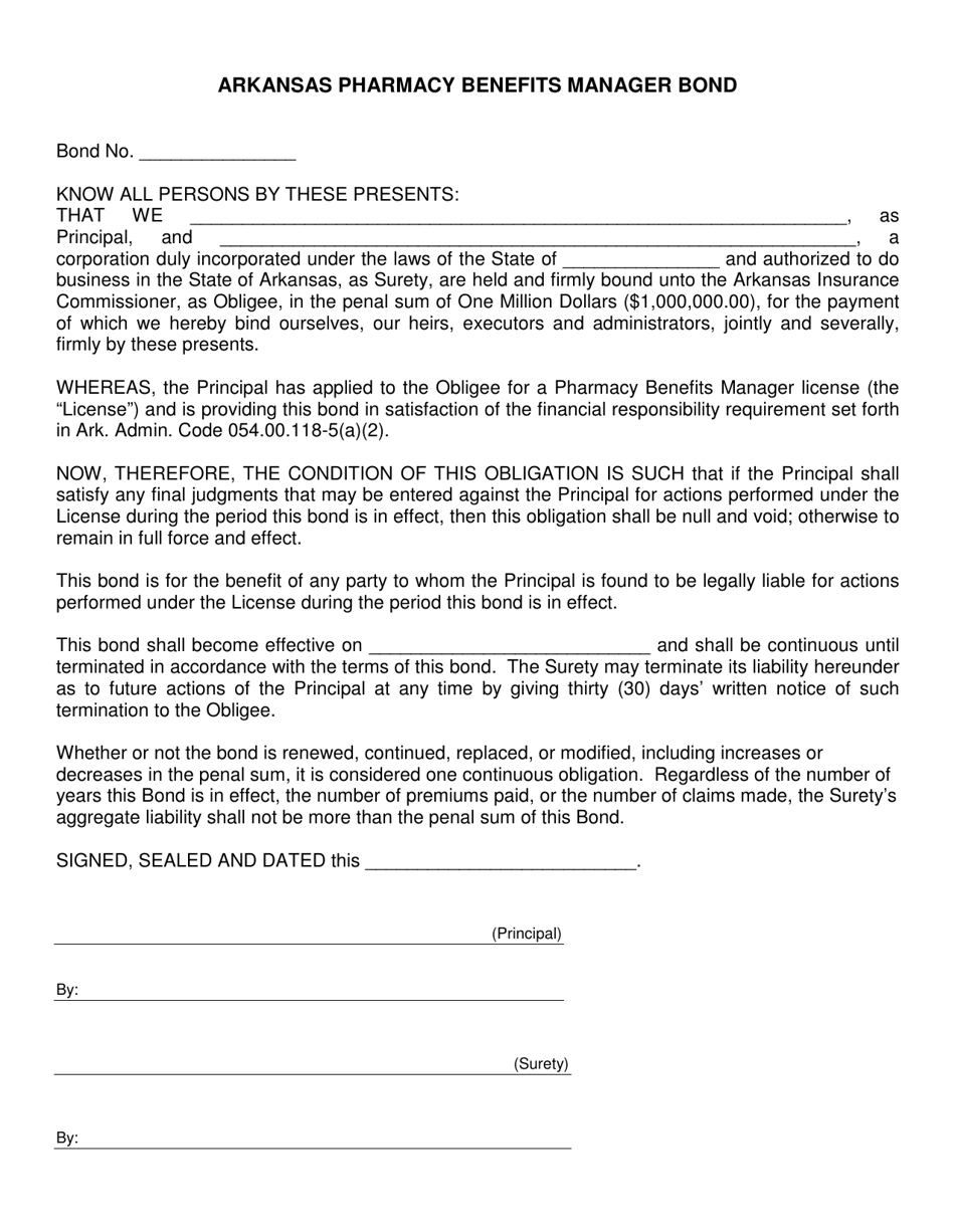 Arkansas Arkansas Pharmacy Benefits Manager Bond Fill Out, Sign