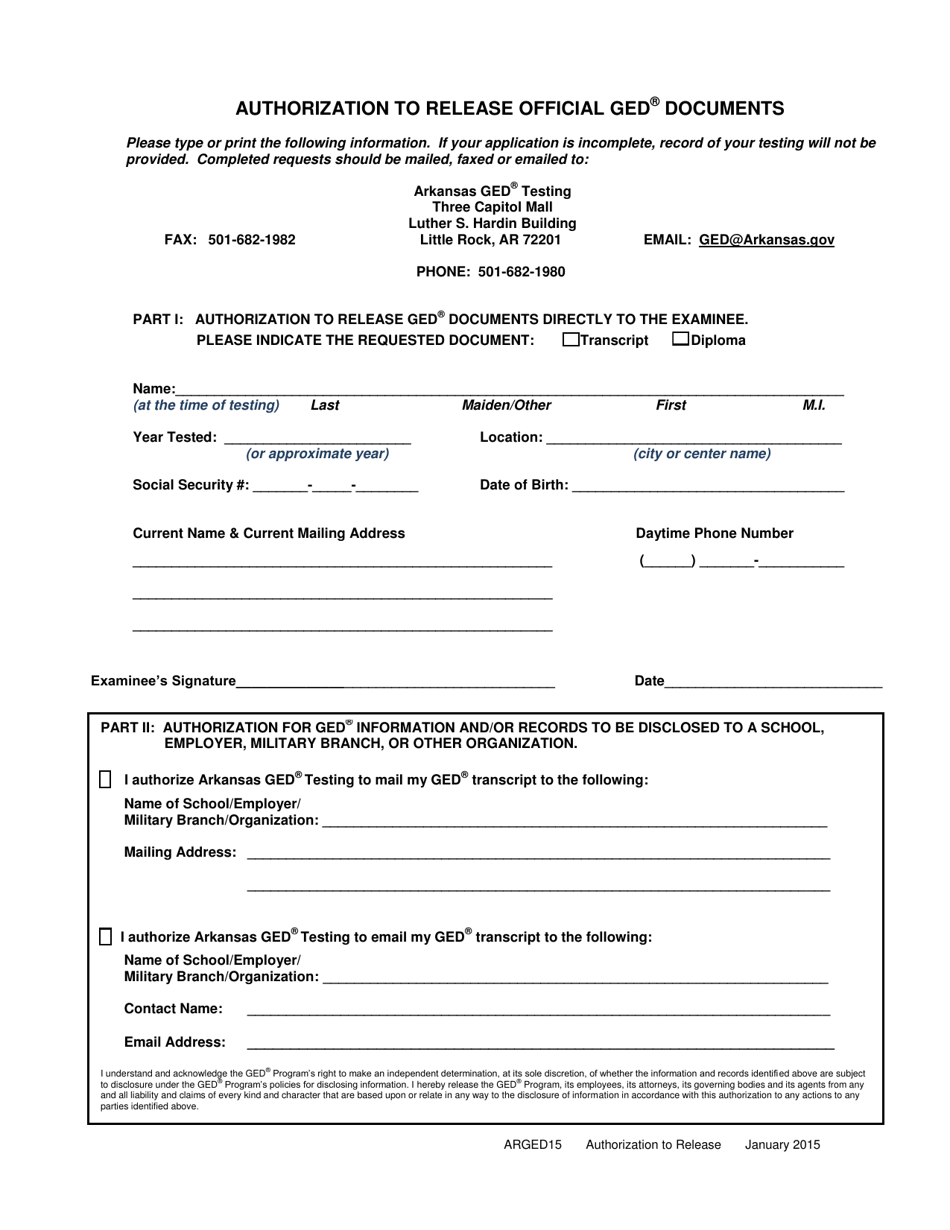 Form ARGED15 Authorization to Release Official Ged Documents - Arkansas, Page 1