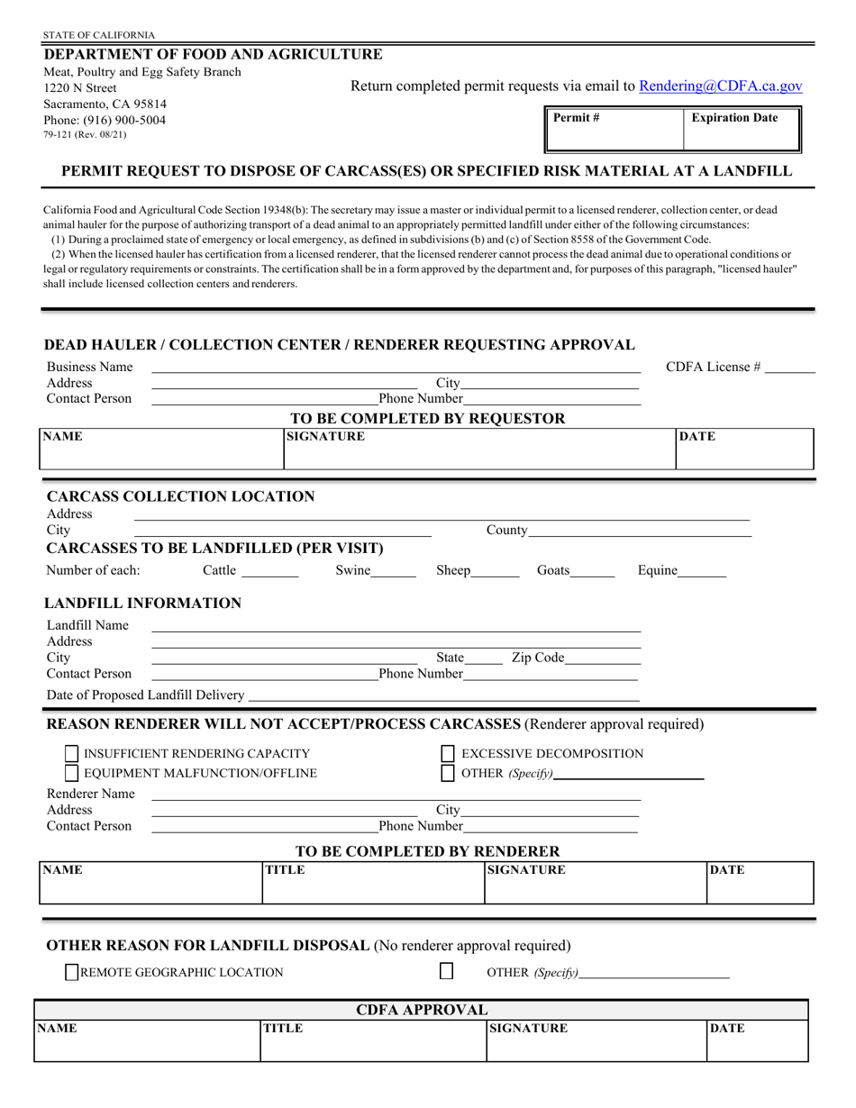 Form 79-121 Permit Request to Dispose of Carcass(Es) or Specified Risk Material at a Landfill - California, Page 1