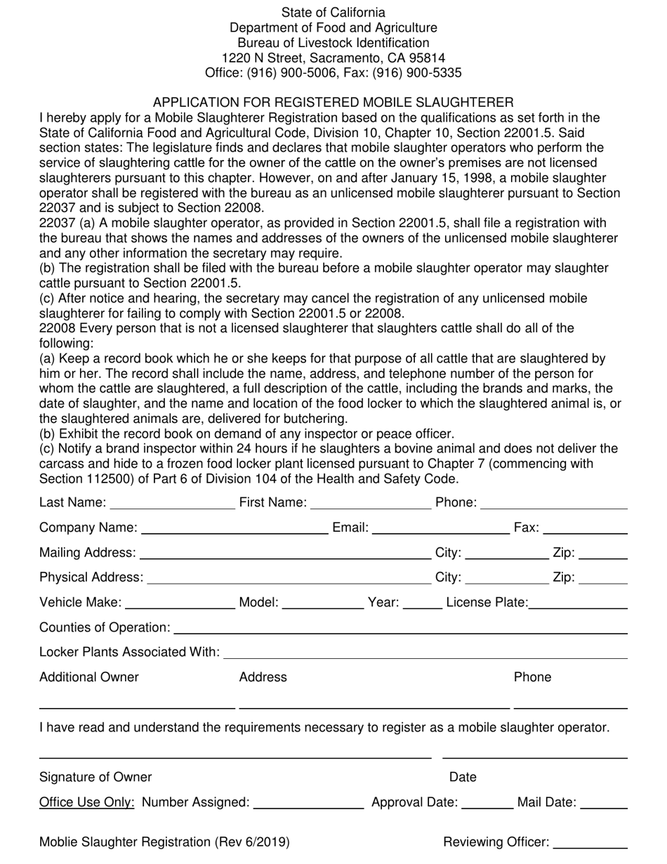 Application for Registered Mobile Slaughterer - California, Page 1