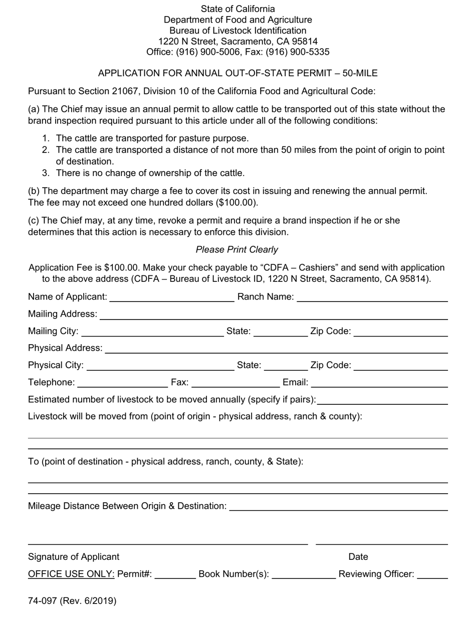 Form 74-097 Application for Annual Out-of-State Permit - 50-mile - California, Page 1