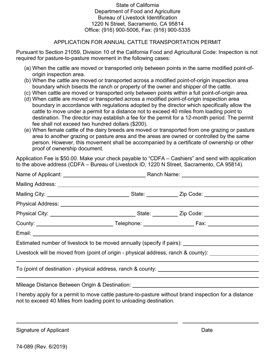 Form 74-089 Application for Annual Cattle Transportation Permit - California, Page 1