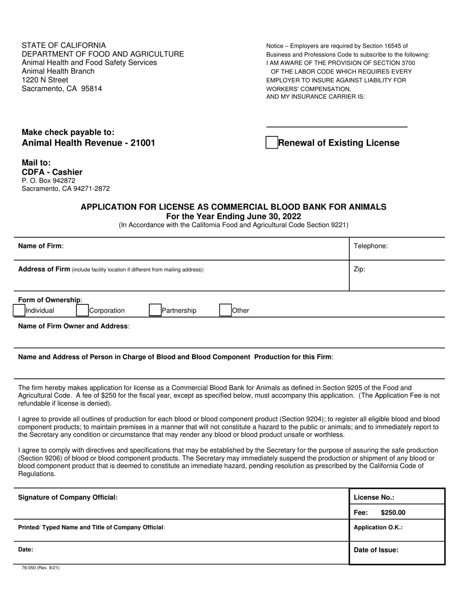 Form 76-050 Application for License as Commercial Blood Bank for Animals - California, Page 1