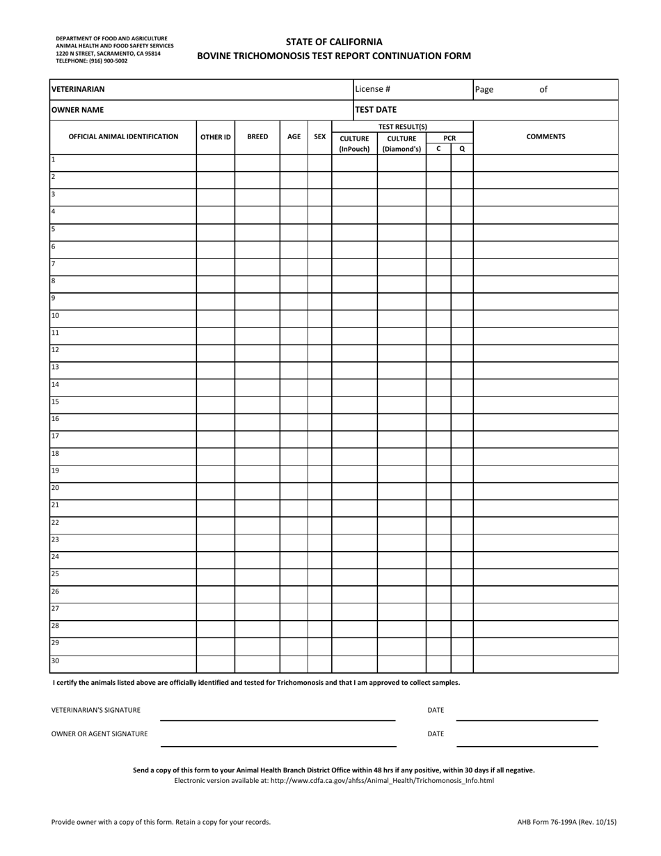 AHB Form 76-199A Bovine Trichomonosis Test Report Continuation Form - California, Page 1