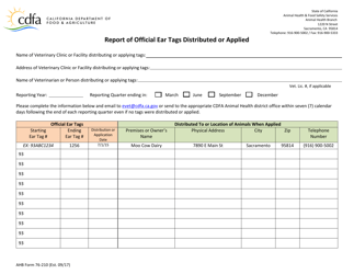 AHB Form 76-210 Report of Official Ear Tags Distributed or Applied - California