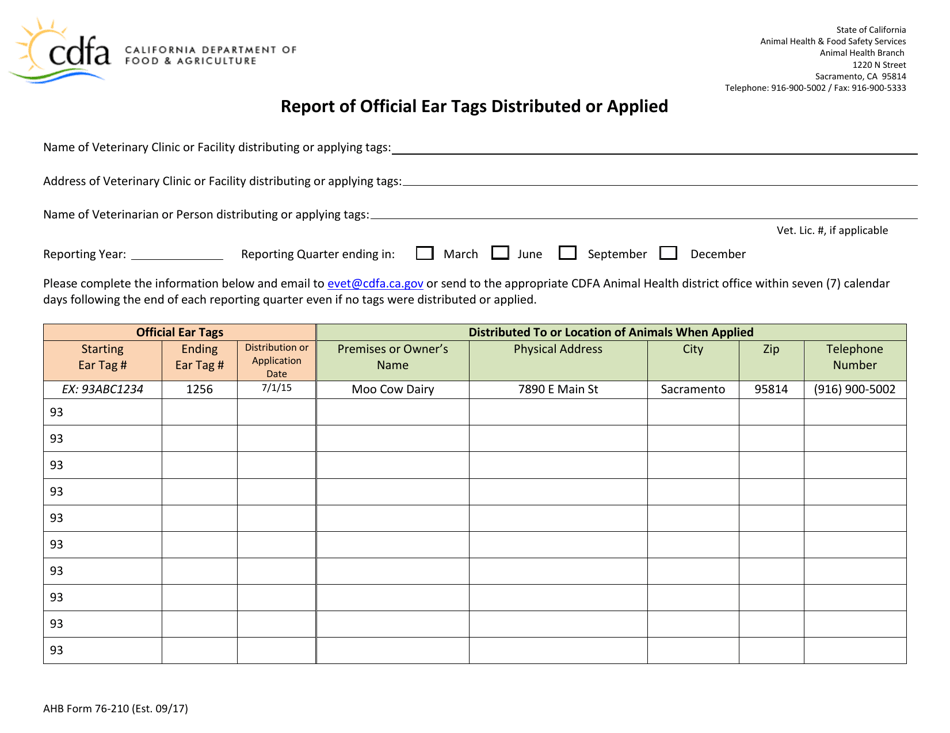 AHB Form 76-210 Report of Official Ear Tags Distributed or Applied - California, Page 1