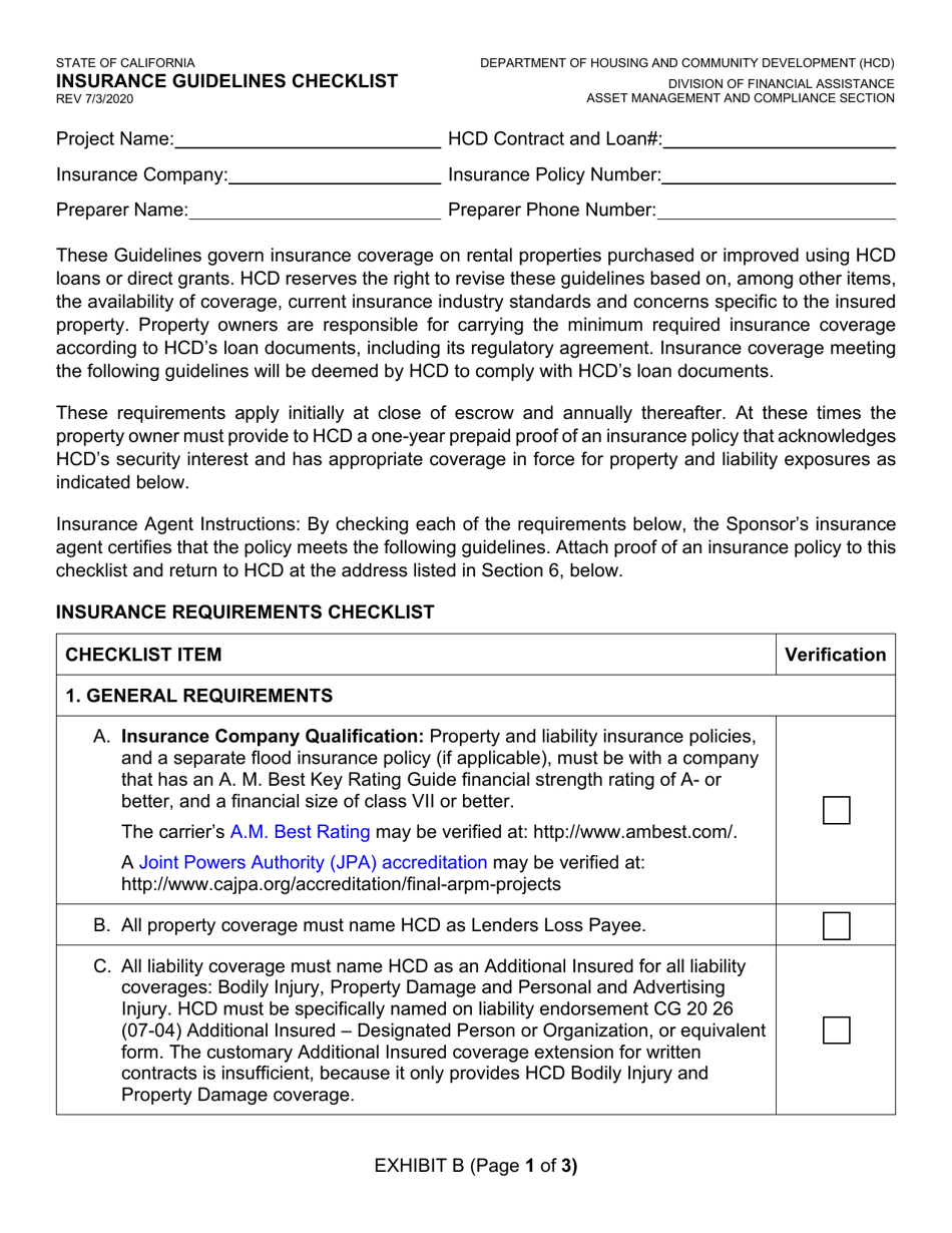 Exhibit B Insurance Guidelines Checklist - California, Page 1