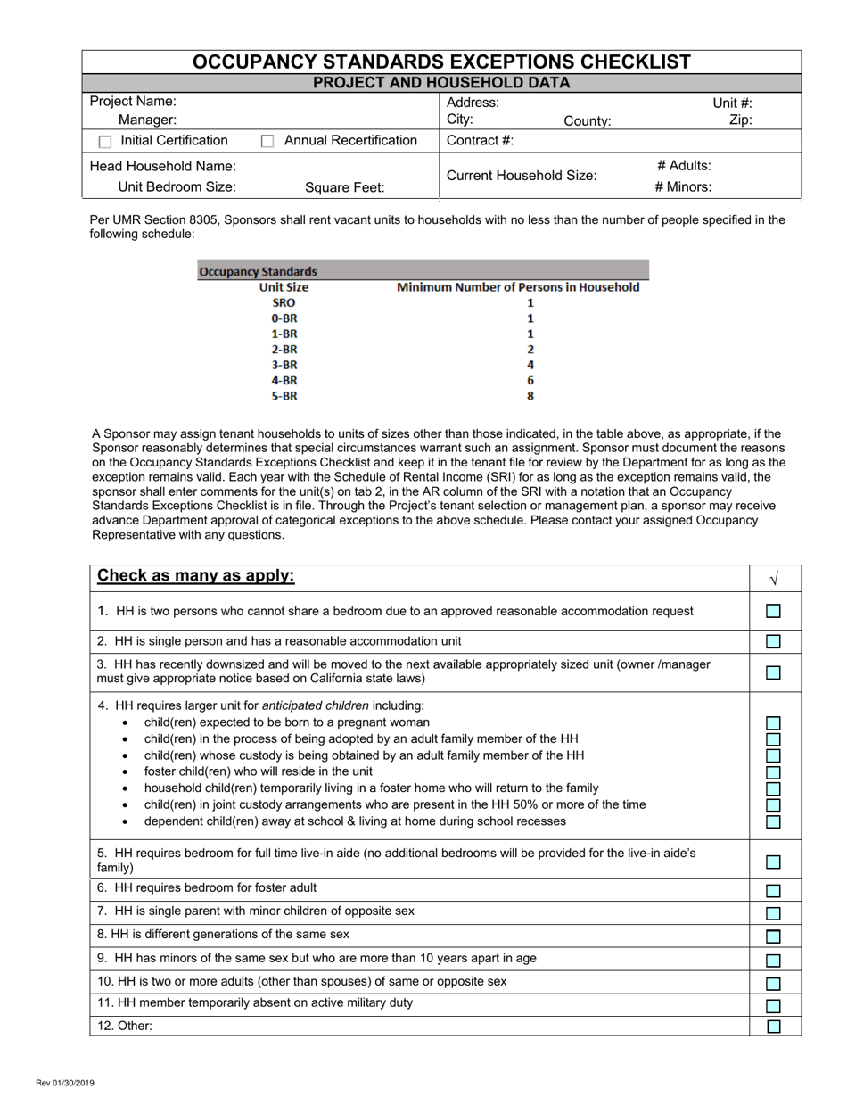 Occupancy Standards Exceptions Checklist - California, Page 1