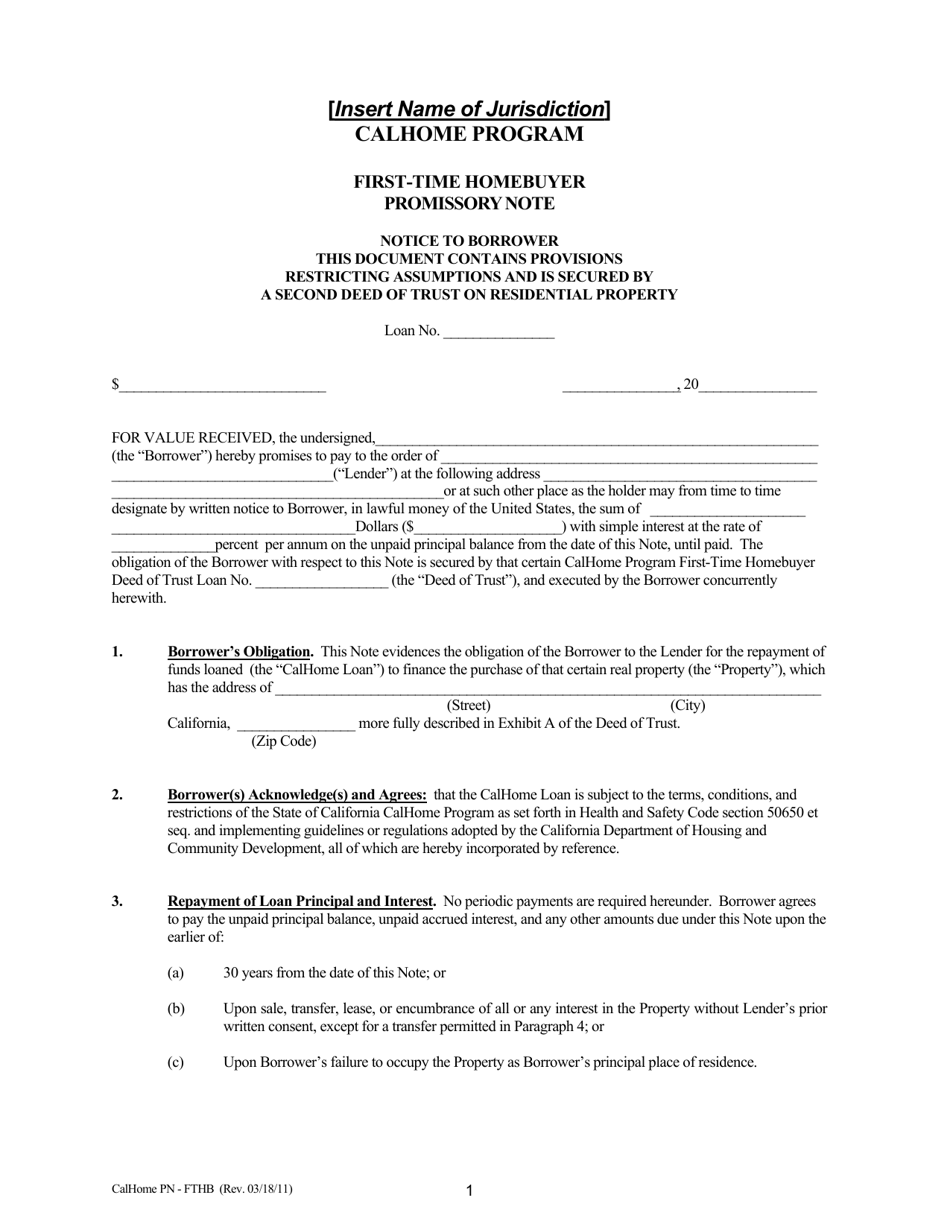 First-Time Homebuyer Promissory Note - Calhome Program - California, Page 1