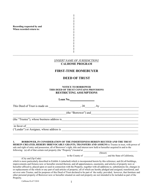 First-Time Homebuyer Deed of Trust - Calhome Program - California Download Pdf