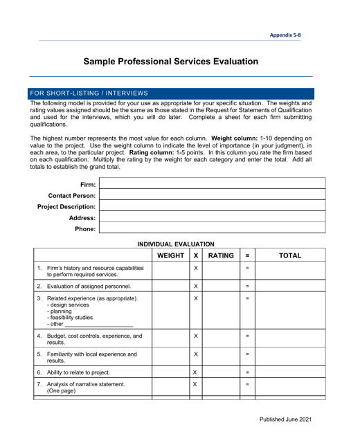 Appendix 5-8 Sample Professional Services Evaluation - California