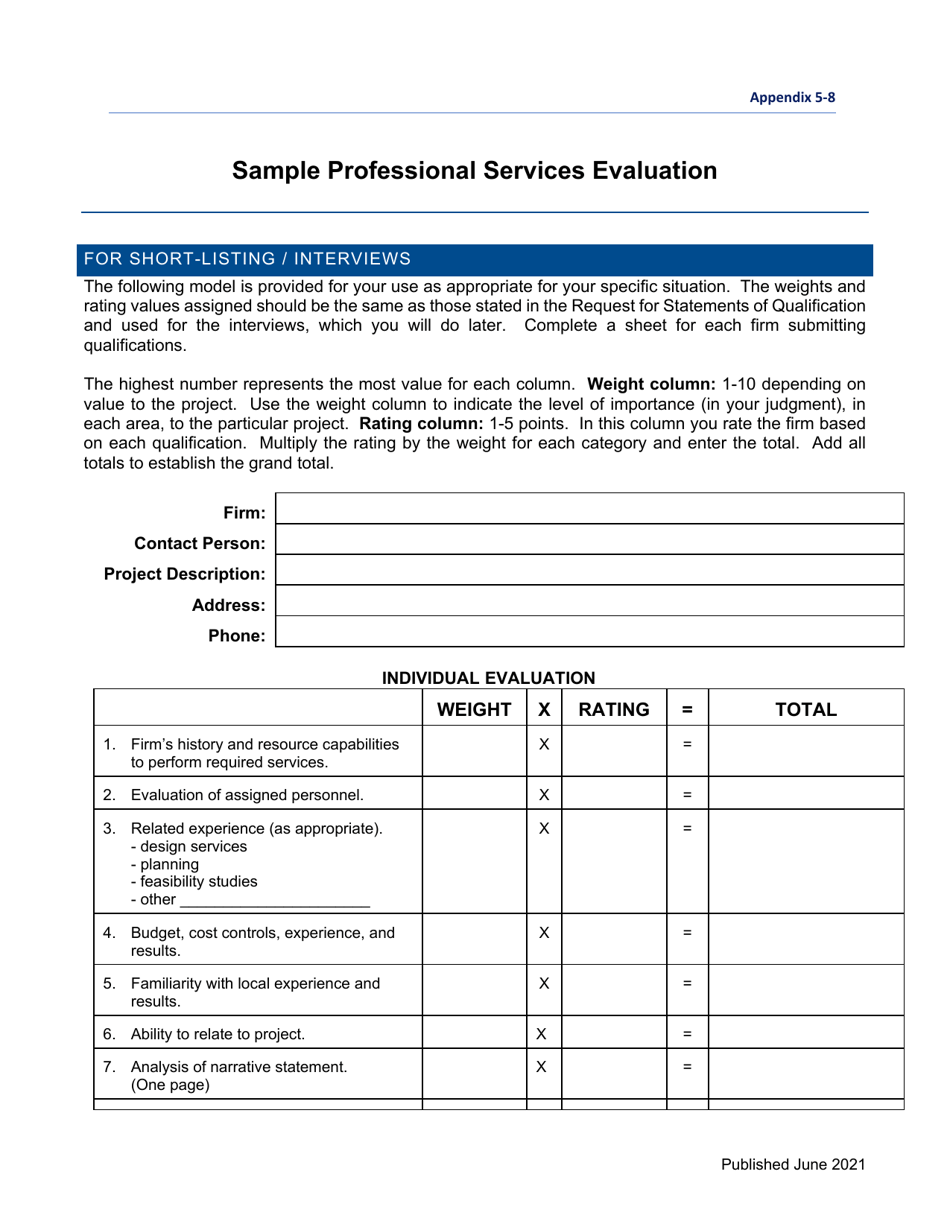 Appendix 5-8 Sample Professional Services Evaluation - California, Page 1