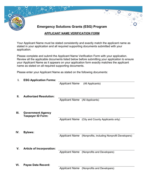 Applicant Name Verification Form - Emergency Solutions Grants (Esg) Program - California Download Pdf