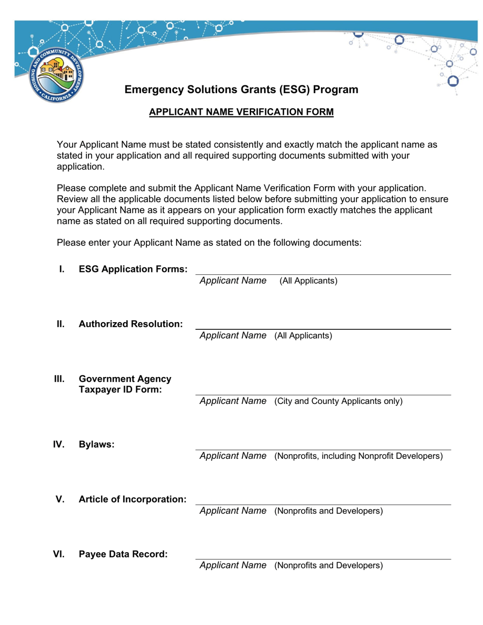 Applicant Name Verification Form - Emergency Solutions Grants (Esg) Program - California, Page 1