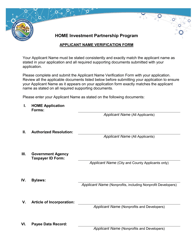 Document preview: Applicant Name Verification Form - Home Investment Partnership Program - California