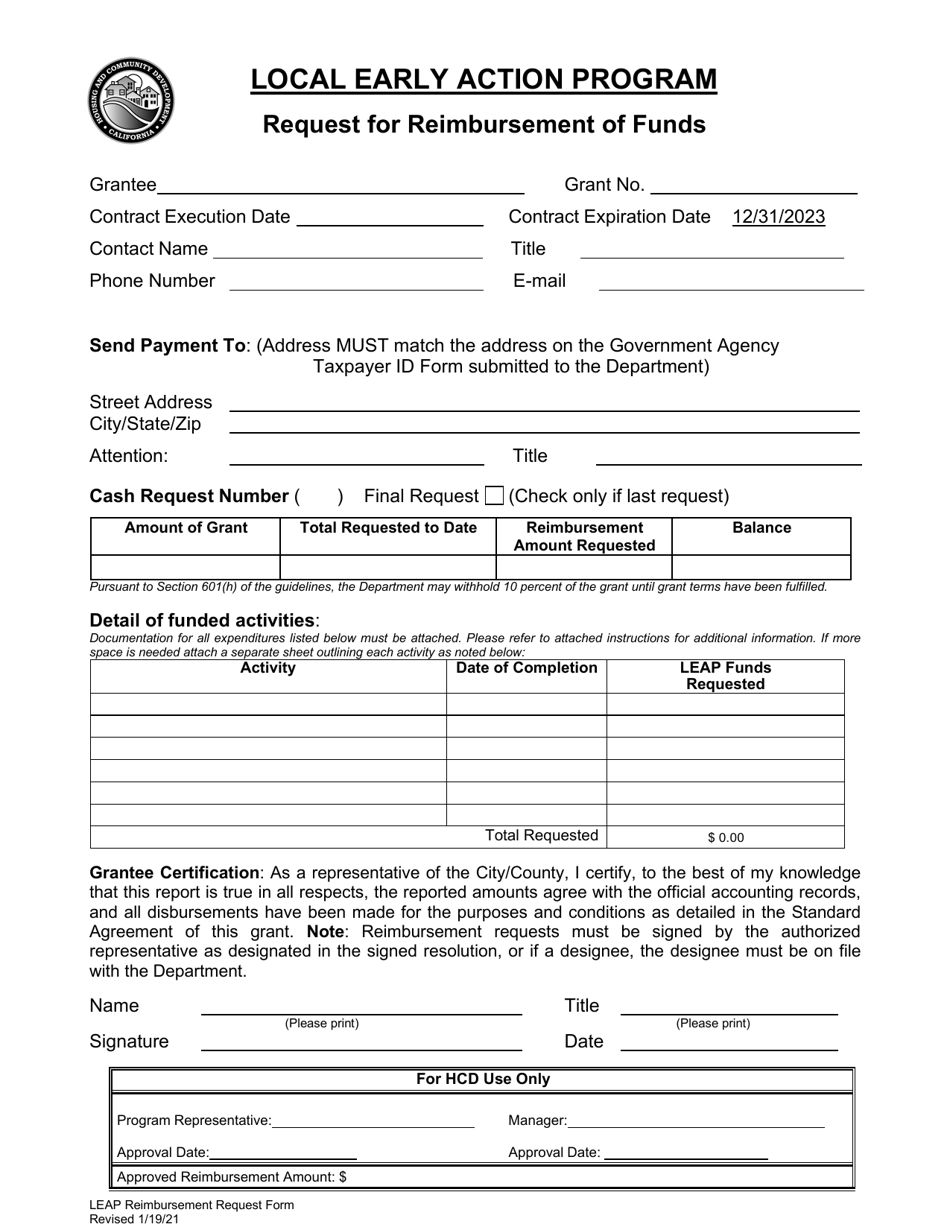 Request for Reimbursement of Funds - Local Early Action Program - California, Page 1